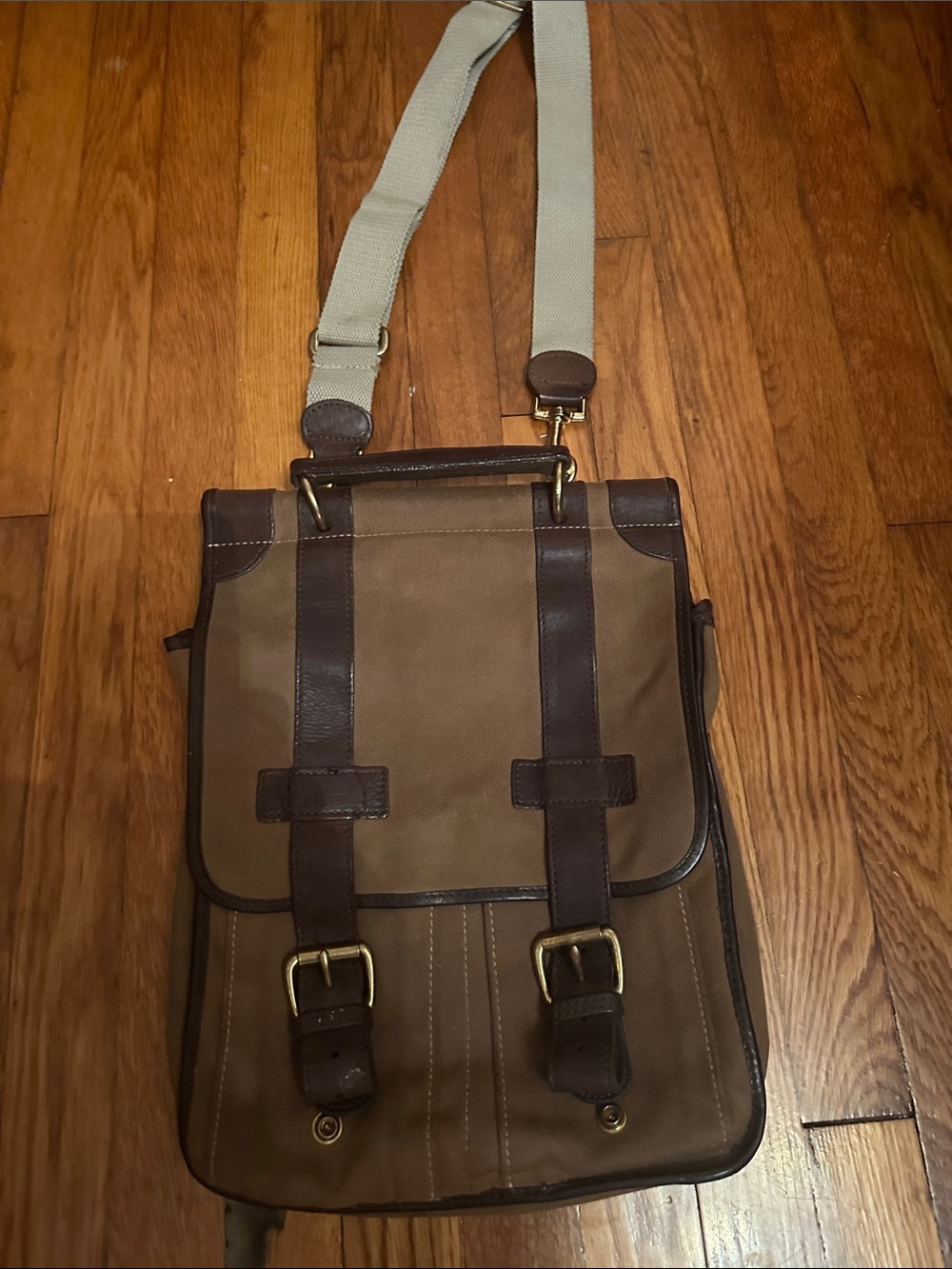 Canvas Crossbody Satchel in Brown with Leather Trim